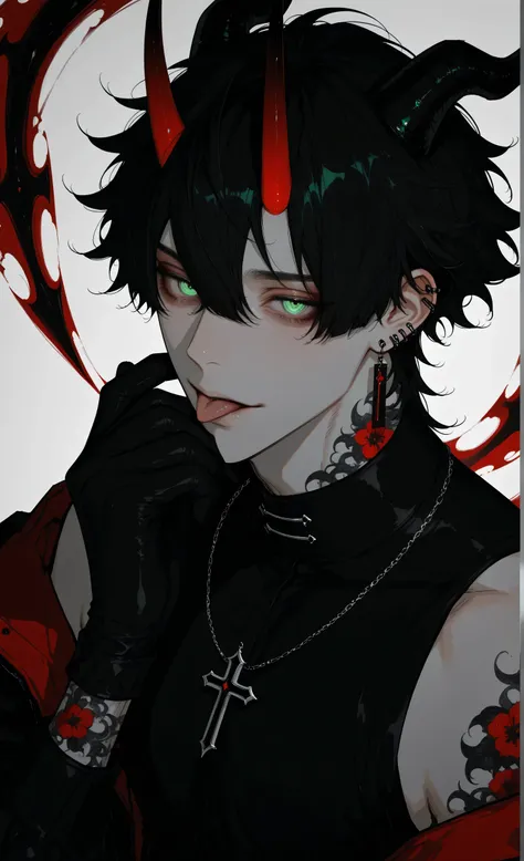 Edge_crimson,masterpiece, newest, absurdres, safe Solo, high detailed, male, handsome, jet black hair, sharp green eyes, dragon horns, upper body, white background