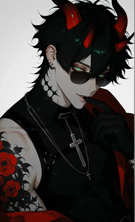 Edge_crimson,masterpiece, newest, absurdres, safe Solo, high detailed, male, handsome, jet black hair, sharp green eyes, dragon horns, upper body, white background