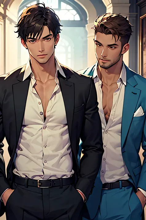 two handsome guys　　two men　　short hair　dark haired 　　　unbutton one's suit shirt　takes off his clothes　Half naked　Look at my mokkori　　I want to have sex　　 Goes Wide Open on the Bed 　　bedroom　 white gradation with no background　briefs　Zoom on upper body ...