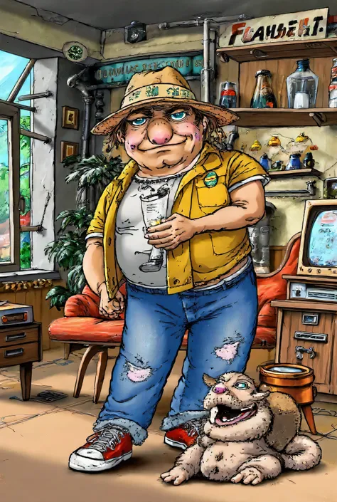 Russian comic book character named "Fanfuria", alcoholic busboy, turns into a super-fast, the motto of life "One leg here, the other one over there", easy virtue girl, is an easy reminder of the Tekken, high quality,  comic style , grotesque character, hig...