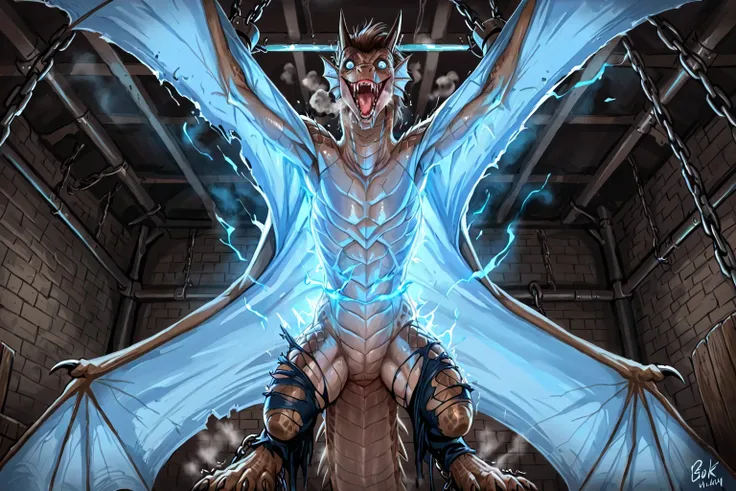 View from bottom, flying, transformation into a wyvern, mid transformation, chained, hung on ceiling, brown hair, long neck, fangs, beautiful face, lips, wings, maw serpent, [brown scales: skin:0.3], spreading skin, torn skin, moulting, shed, human blue ey...