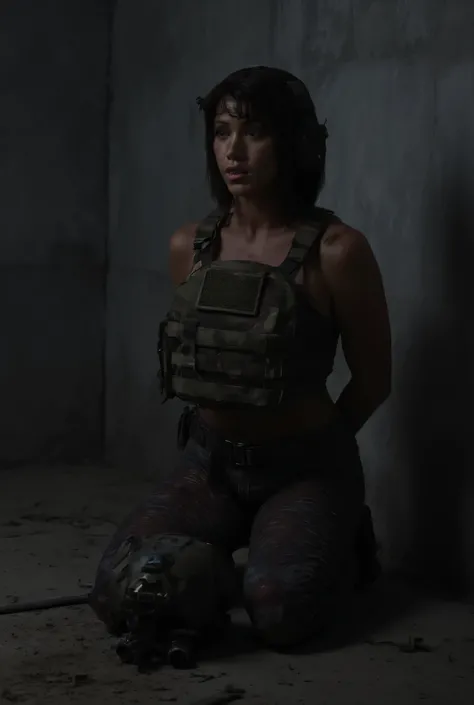 a beautiful woman Shannon Elizabeth, gorgeous, hourglass shaped body, wearing a tactical multicam plate carrier and skin tight sexy tactical leggings, leggings and plate carrier are tattered and torn realistically after heavy combat use, she is bloody in s...