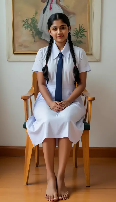 a beautiful cute young girl, Sri Lanka , big breasts size , detailed white frock uniform, color tie , sitting on the chair, beautiful barefoot , full body and standup , wide photo ,cinematic lighting, hyper realistic, photorealistic, 8k, masterpiece, warm...