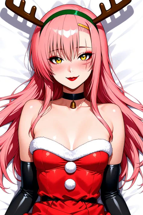KatarinaSBXL, scar on eye, reindeer antlers, green hairband, black choker, small breasts, santa costume, cleavage, fur trim, strapless dress, red dress, detached sleeves, black elbow gloves, ,Katsura_Hinagiku, pink hair, long hair, Yellow green eyes, hairc...