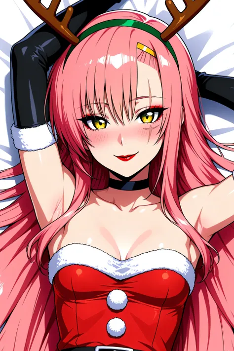 KatarinaSBXL, scar on eye, reindeer antlers, green hairband, black choker, small breasts, santa costume, cleavage, fur trim, strapless dress, red dress, detached sleeves, black elbow gloves, ,Katsura_Hinagiku, pink hair, long hair, Yellow green eyes, hairc...