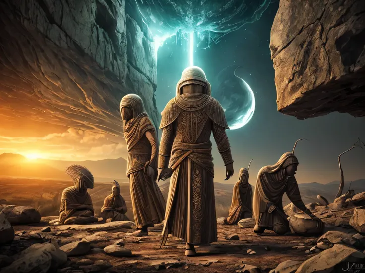 Anunnaki, NLP-ji, nezemljani in posmrtno življenje, a highly detailed, photorealistic digital illustration, hyperrealistic, 8K, masterpiece, concept art, cinematic lighting, anunnaki beings with intricate extraterrestrial features, NLP-ji figure interact...