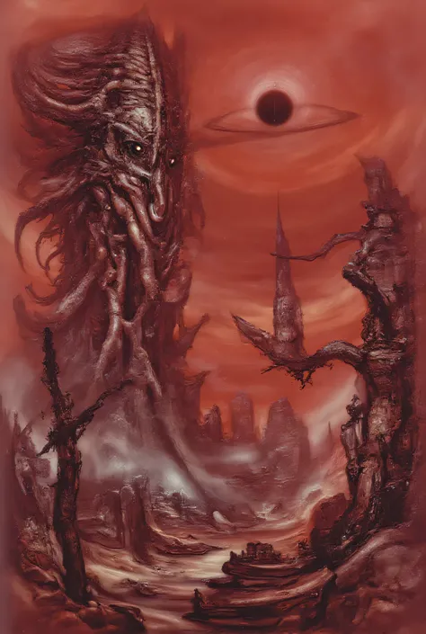 A towering eldritch entity with countless writhing tentacles and multiple glowing eyes emerges from a dimensional rift, looming over a desolate wasteland of twisted, petrified trees and crumbling ruins. A black sun hangs in the blood-red sky, casting unnat...