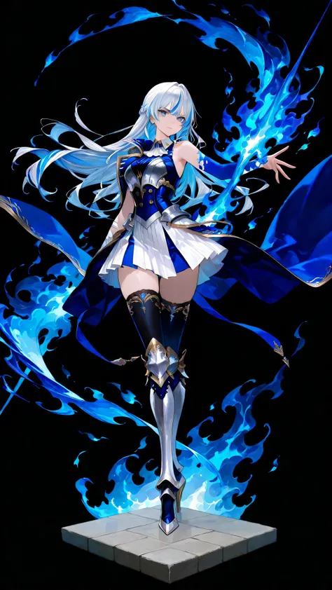 black background, 1girl, solo, masterpiece, female knight theme, beautiful woman with long silver hair, blue-streaked white hair, blue eyes and silky hair, long hair down, half up half down braid, white chest plate, wearing blue knightly attire, long blue ...