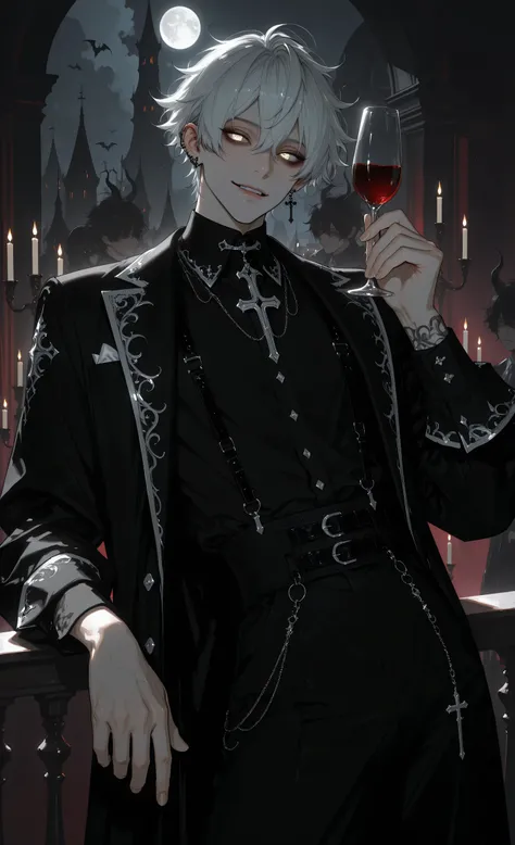 masterpiece, best quality, ultra-detailed:1.4,
gothic parade, baroque style, cinematic lighting,
1man, male, solo, medium shot, waist-up portrait,
wild silver hair, heterochromia (gold and silver eyes), mysterious smile,
wearing black velvet frock coat wi...
