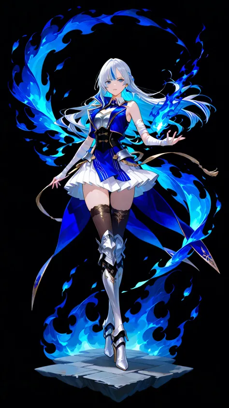 black background, 1girl, solo, masterpiece, female knight theme, beautiful woman with long silver hair, blue-streaked white hair, blue eyes and silky hair, long hair down, half up half down braid, white chest plate, wearing blue knightly attire, long blue ...