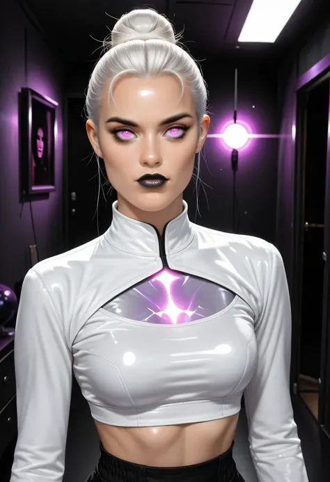 (1girl), (perfect face), ((white hair, hair bun, slicked back hair)), (forehead), ((white natural eyebrows)), (((glowing purple eyes))), (black eyeliners), ((nose, black thick lips)), (beautiful girl), ((looking at viewer)), (white long sleeve crop top), d...