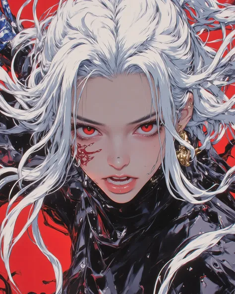 A hyper-detailed dynamic action illustration of a formidable female samurai, an 18-year-old onna-bugeisha radiating overwhelming ferocity and unbridled ki, ethereal long white hair lashing wildly in thick untamed waves like a blizzard of razor-sharp silk u...