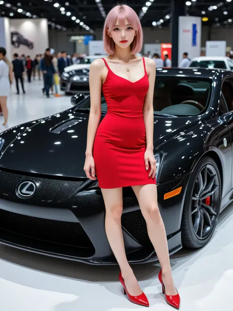 (Tokyo Motor Show scene), (In the center of a glittering sports car, Black), (A female model is shining beside her), (tight chested red dress), (Red Shoes ), (woman posing leaning on future Lexus LFA), ( bright and clear skin ), (determined expression), (s...