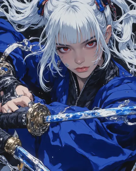A hyper-detailed dynamic action portrait of a fierce female samurai, 18-year-old onna-bugeisha with unyielding azure ki, long white hair whipping in voluminous waves under sapphire-tinged harvest moon, strands with motion blur and wind tangles, adorned wit...