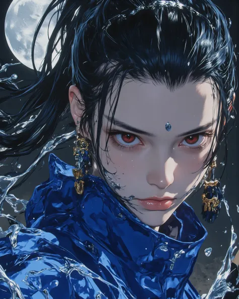 A hyper-detailed dynamic portrait of a fierce female samurai, 18-year-old onna-bugeisha with azure ki, long black ponytail whipping under sapphire moon, strands motion blur tangles, azure hairpin silver filigree, golden tassel fluttering, pale skin azure h...