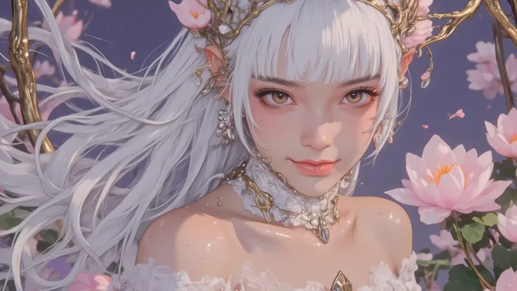 A highly detailed portrait of LUNA as the ethereal Elven Queen, an 18-year-old woman with flawless porcelain-pale skin glowing with a soft pearly sheen like polished moonlit marble, anatomically perfect slim and graceful body with subtle curves, long flowi...