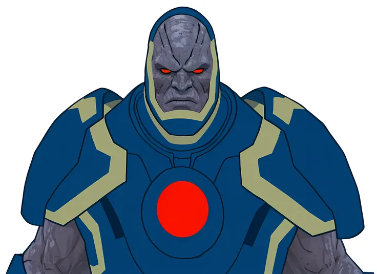 A rocky-skinned alien, olhos vermelhos, wearing a dark blue suit (DARKSEID FROM DC COMICS)
