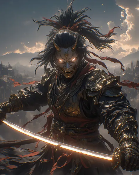 a samurai,(((Holding a Great Japanese Sword in One Hand)))A Samurai's Serious Expression,Smooth and Powerful Body Movement,Armor Shining in the Sun、large battlefield scenery in the distance,Dark Clouds,((Incredibly Powerful、Spirit))Battle Drum's Long Run,m...