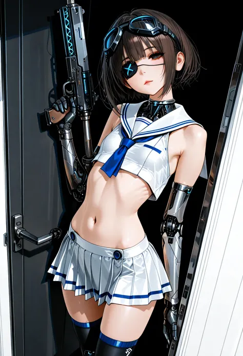 The golden ratio, Proper Configuration, Beautiful illustrations by, anatomically correct limbs, leaning against a closed door,  shion, Machine Girl, dark hair, X} cyber sailor suit, Sleeveless, sailor color, Cyber pleated skirt that splits skin, Cyber Knee...
