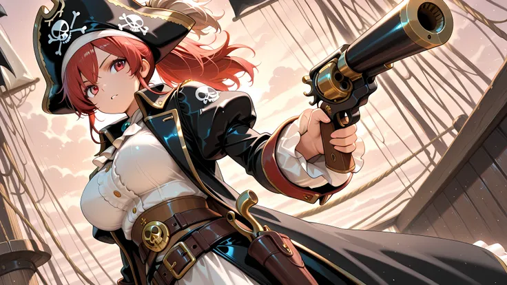 anime, 1girl, solo, red hair, red eyes, ponytail hair, large breasts, Pirate clothing, white long sleeve blouse, puffy sleeves, leather belt, long open pirate coat, Holding a revolver (gun), fantastic background, low angle, upper body,