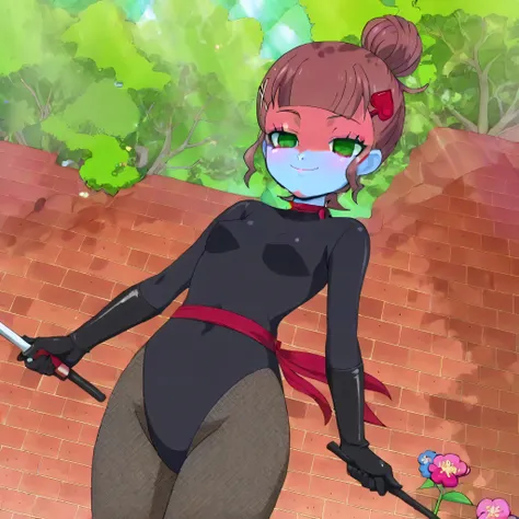 dark persona, shocker, black leotard, (((blue skin))), colored skin, (((red sash))), makeup, zzChonoHikari, brown hair, short hair, smile, light smile, gentle smile, closed mouth, ears