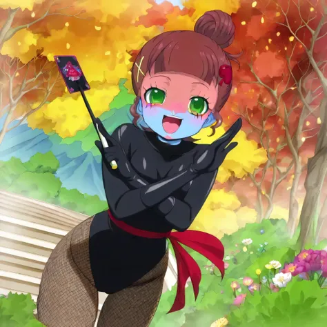 dark persona, shocker, black leotard, (((blue skin))), colored skin, makeup, zzChonoHikari, brown hair, short hair, smile, happy, cute smile, cute, open mouth, ears