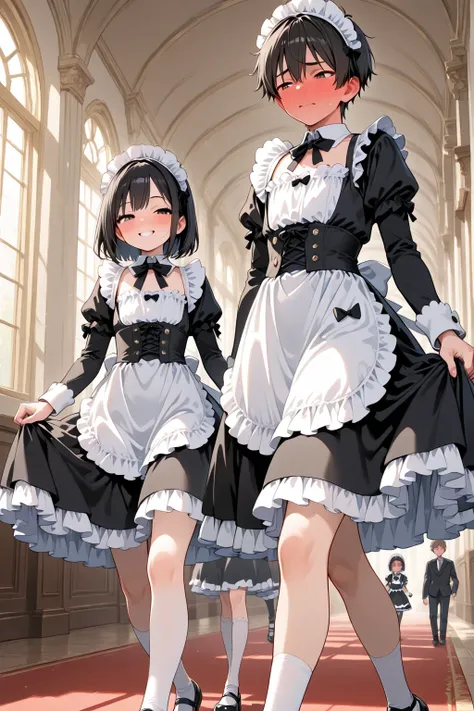 slightly low angle, height difference, teenage boy walking, short hair, flat chest, crossdressing, wearing gothic classic maid outfit with many frill, maid headdress, half-closed eyes, full-face blush:1.3, embarrassed, 

two female girls maid wearing  goth...