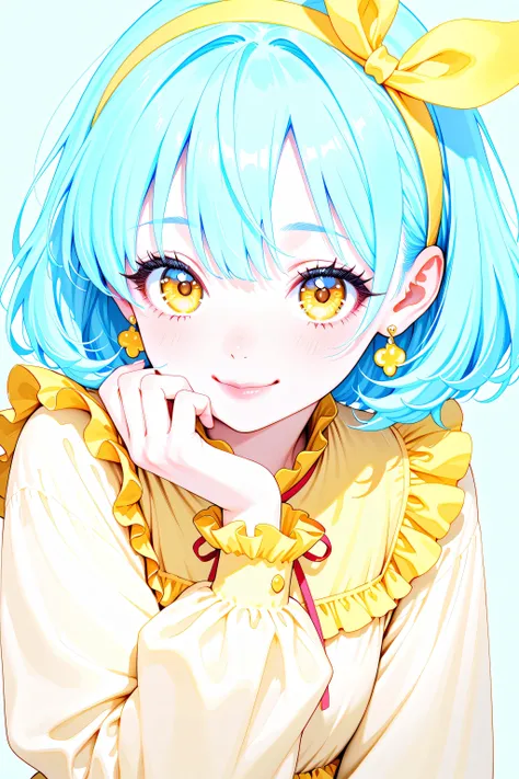 Good mood、Smile、earrings、round eyes、big eyes、yellow eyes、、masterpiece,Highest Quality,super detailed,8k,cute girl　 eyelashes yellow ruffle long sleeve dress　 light blue hair　The hair band has a small ribbon　、pink lips　、watercolor、white skin、looks like an a...
