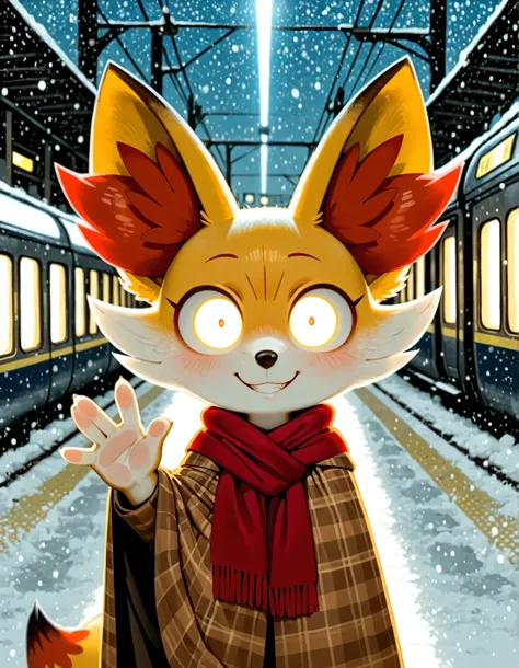 (by Wamudraws, by B-Epon, by Exed Eyes:1.25), anthro (fennekin:1.25), red scarf, detective cloak, standing, smile, waving at viewer (three-quarter portrait:1.3), three-quarter view, close-up, BREAK, london train station, night, glowing, plant, snowing, det...