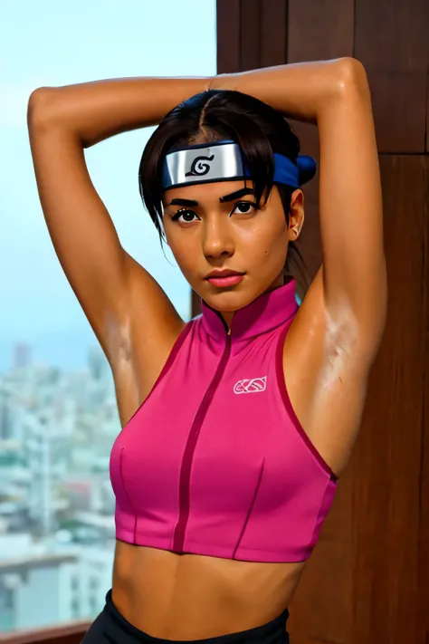 Tenten,human woman with fair skin and slight tan.with brown eyes and pink clothing. Her hair is long and brown in color; She is beautiful. Fair skin.Tsundere face. Pink eye shading,mature appearance,armpits,sweat,sweaty,sweaty armpits,arms up,showing armpi...