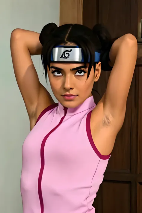 Tenten,human woman with fair skin and slight tan.with brown eyes and pink clothing. Her hair is long and brown in color; She is beautiful. Fair skin.Tsundere face. Pink eye shading,mature appearance,armpits,sweat,sweaty,sweaty armpits,arms up,showing armpi...