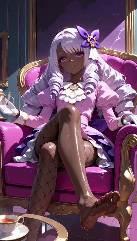 1girl, solo, Jacinthe,dark-skinned female, long sleeves, very dark skin, purple dress, puffy sleeves, purple eyes, white gloves, juliet sleeves, drill hair, long hair, hair ornament, purple hair, jewelry, pink dress, eyelashes, white ascot, fishnet pantyho...