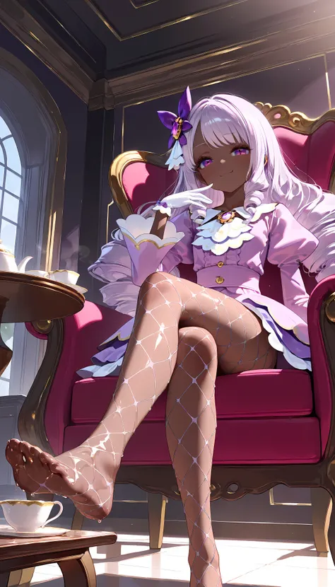 from below,1girl, solo,smug, Jacinthe,dark-skinned female, long sleeves, very dark skin, purple dress, puffy sleeves, purple eyes, white gloves, juliet sleeves, drill hair, long hair, hair ornament, purple hair, jewelry, pink dress, eyelashes, white ascot,...