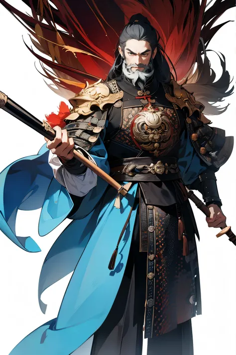 (absurdres, highres, super high resolution), Art Station and Pixive, (alone), (1 male), (((white background))), Three Kingdoms Armed Forces, War Commander , ultimate charismatic, (((beard))), Chinese Armor, cane