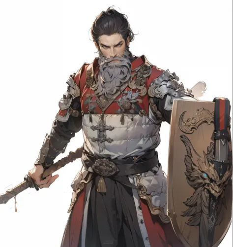 (absurdres, highres, super high resolution), Art Station and Pixive, (alone), (1 male), (((white background))), Three Kingdoms Armed Forces, War Commander , ultimate charismatic, (((beard))), Chinese Armor, cane, shield