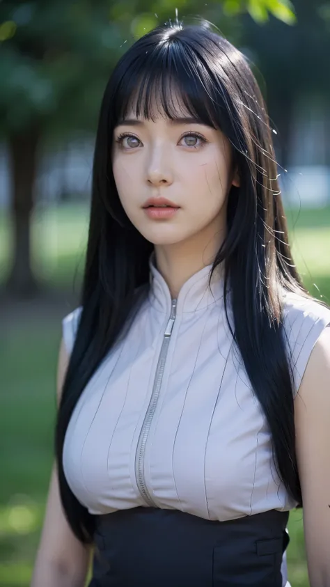 Hyuga Hinata from Naruto Shippuden, half-body portrait, beautiful and elegant expression, soft gentle smile, long dark blue hair with realistic texture, white Byakugan eyes glowing subtly, wearing her classic lavender and cream ninja outfit, ultra HD, ultr...