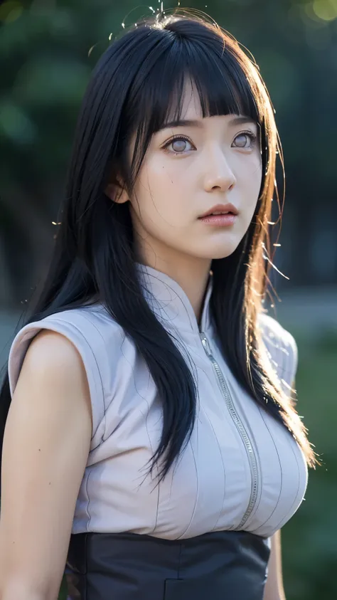 Hyuga Hinata from Naruto Shippuden, half-body portrait, beautiful and elegant expression, soft gentle smile, long dark blue hair with realistic texture, white Byakugan eyes glowing subtly, wearing her classic lavender and cream ninja outfit, ultra HD, ultr...