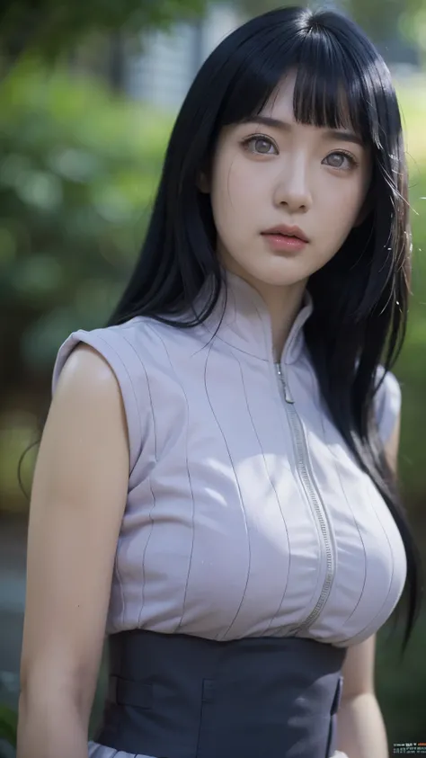 Hyuga Hinata from Naruto Shippuden, half-body portrait, beautiful and elegant expression, soft gentle smile, long dark blue hair with realistic texture, white Byakugan eyes glowing subtly, wearing her classic lavender and cream ninja outfit, ultra HD, ultr...