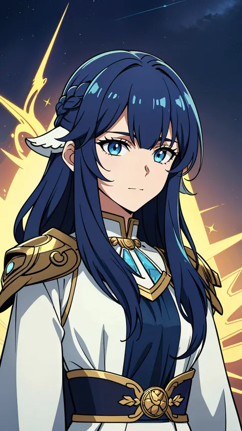 (high-quality, breathtaking),(expressive eyes, perfect face) 1girl, female, teenager, solo, medium length hair, Midnight Blue/Indigo hair color, multicolored hair, white streaks in hair, blue highlights hair, glowing hair, loose hair, soft wavy hair, side ...