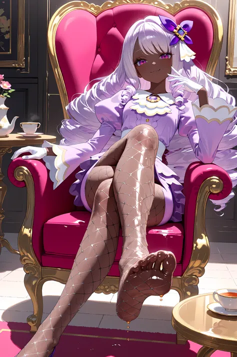 1girl, solo,smug, Jacinthe,dark-skinned female, long sleeves, very dark skin, purple dress, puffy sleeves, purple eyes, white gloves, juliet sleeves, drill hair, long hair, hair ornament, purple hair, jewelry, pink dress, eyelashes, white ascot, fishnet pa...