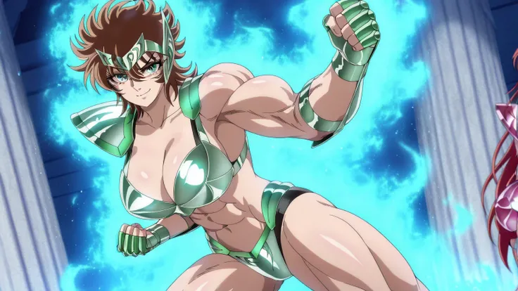 傑作, Best quality,.Best resolution,.Best image quality, amazing quality, very aesthetic,.absurdres, anime coloring, anime screencap, anime screenshot, 1woman, Cassiopeia Erda, solo, woman is wearing a black triangle bikini, zodiac lady knight, strong muscle...