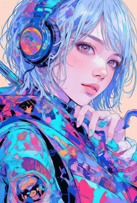 tsubasa,Juaner_manga,Gothic Punk Rebel Japanese Editorial Vivien Tam Pictures [Woman] WITH VERY EYES of brown color with silver hair with FULL BODY WITH SNEAKER-NIKE AIR FORCE with neon Blue and Red and White、tattoos and wielding a 金色碗, [Blue and Red and W...