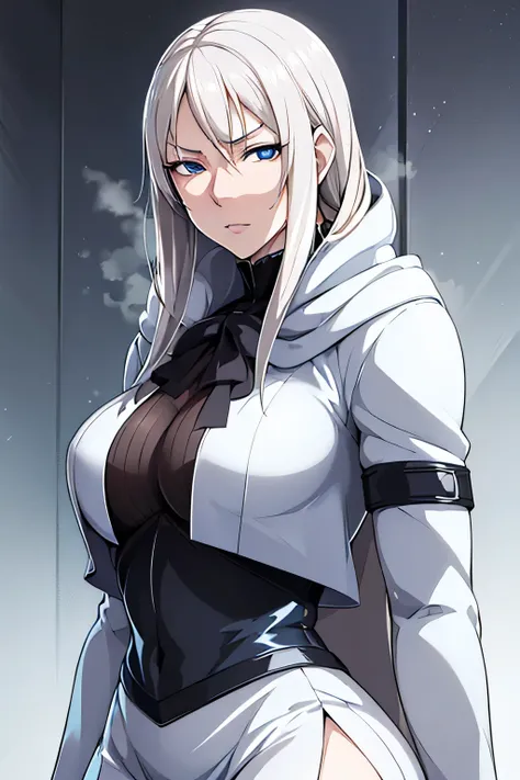 anime style, upper body portrait, glamorous Nordic female scientist, elegant icy facial features, wearing black blouse and tight skirt under luxurious white hooded winter coat, porcelain pale skin, silver or icy blond hair, blue sharp eyes, emotionless but...