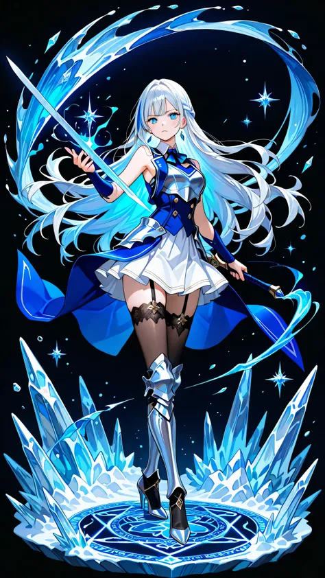 black background, 1girl, solo, masterpiece, female knight theme, detailed face, beautiful woman with long silver hair, blue-streaked white hair, blue eyes and silky hair, long hair down, long right bang, half up half down braid, white chest plate, wearing ...