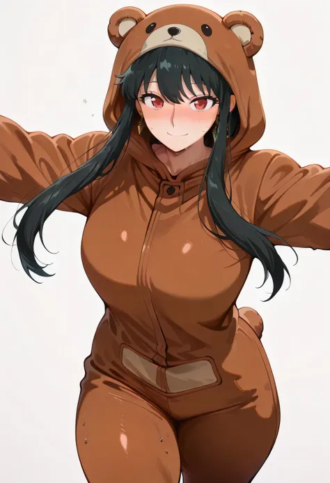 score_9, score_8_up, score_7_up, score_6_up, score_5_up, score_4_up, masterpiece, high quality, yor briar, black hair, red eyes, earrings,, long hair, sidelocks, large breasts, shiny skin, shiny hair, shiny body, clear body, large breasts, nose blush, swea...