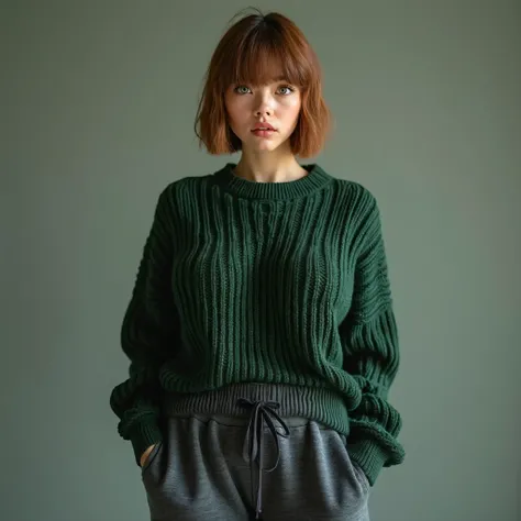 A realistic, high resolution photograph of a short, beautiful woman in her 20's; full body frontal view facing the camera with her arms at her side, looking at the camera. There is extra space in the photo above her head. She has a short, luscious, fashion...