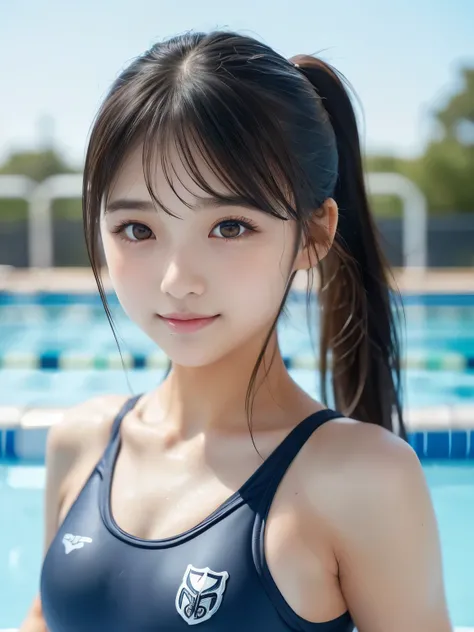 Sporty Girl, Dynamic Pictures , Black Hair, Long Hair, ponytail, bangs,( navy school swimsuit:1.3), break, very detailedな明瞭さ, ( has symmetrical eyes:1.3), ( school pool, outdoor:1.3), (( small breasts))、 brown eyes, ( Eye and Face Details:1.0), ( ...