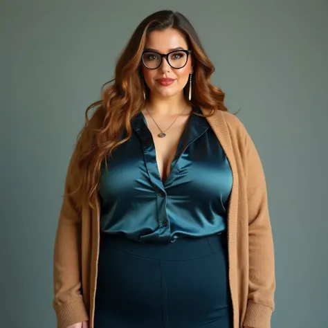 A realistic, high resolution photograph of a tall, beautiful European woman in her 40's; full body frontal view facing the camera with her arms at her side, looking at the camera. There is extra space in the photo above her head. She has a tall, plus sized...