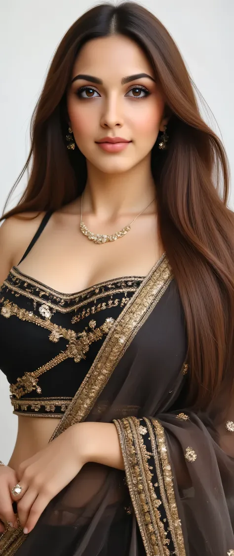 Close up photo of sexy pakistani girl, front view, curvy, hourglass figure, tight breasts,  deep cleavage,  black and golden work blouse and saree,navel, belly button, look at viewer and subtle smile, sexy very long straight maroon hair, necklace,  ear rin...