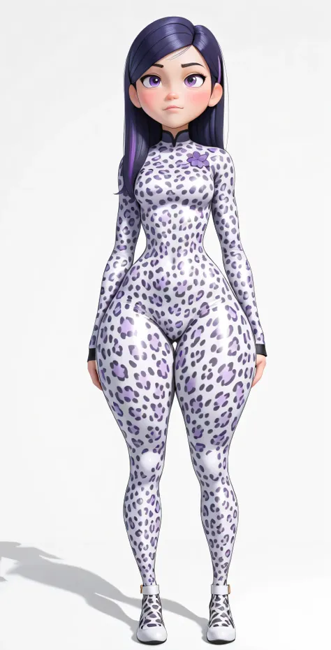 (the best quality: 1.4), (pretty face), Violet pair. Long dark purple hair with highlights, (purple eyes: 1.2) short height,  light smile. Simple Background. clear light. She's wearing a white latex bodysuit, ((leopard print 1.5)) . ((wide hip, wide thighs...